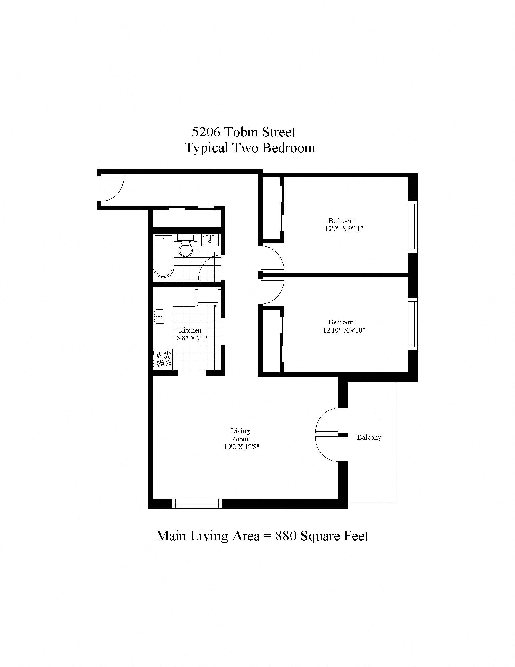 Floor plan for 2 beds, 1 bath, 1013 sqft
